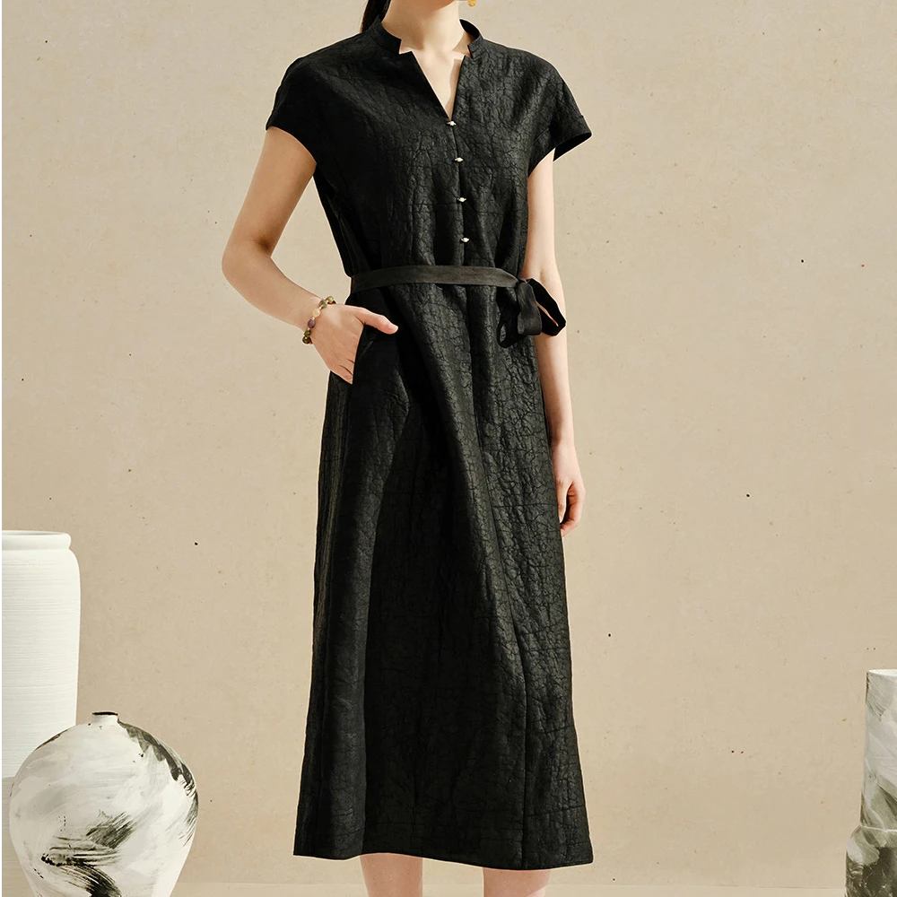 赫本缘香云纱简约大气连衣裙气质复古V领收腰优雅