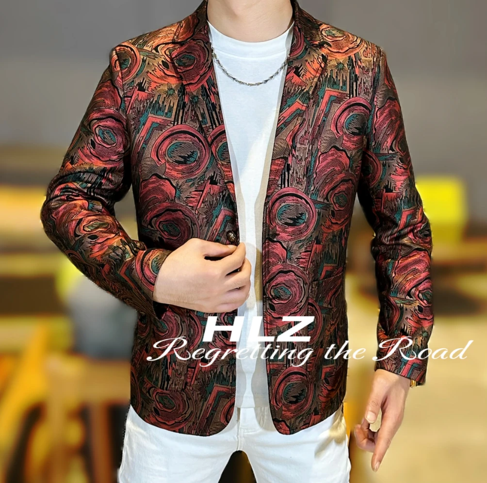 憾路者家男士2025秋季新款轻奢修身时尚流行立体雕花图案长袖西装