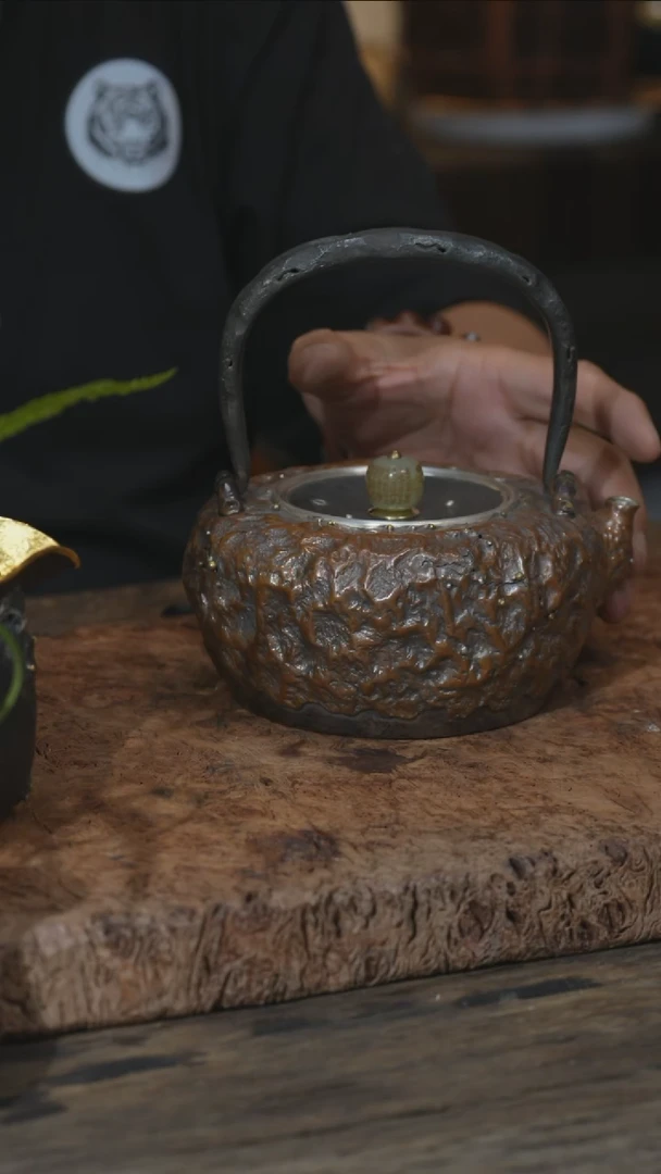 扁圆石纹铜包银提梁壶（铁包银盖）