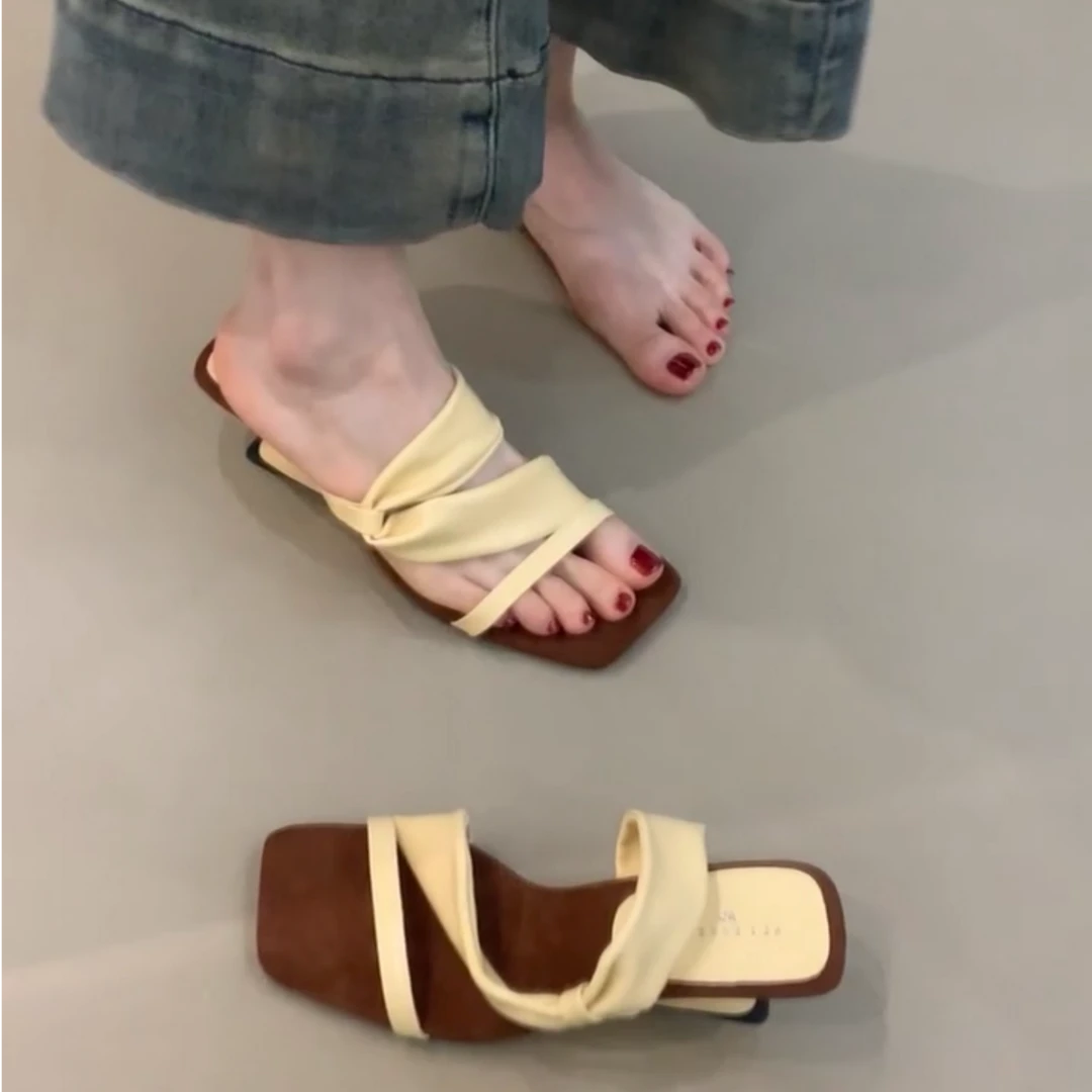 韩菲ALQR-89-66法式设计感两穿坡跟凉拖鞋女夏季外穿2025一字拖鞋