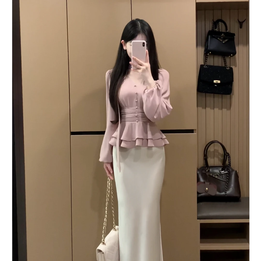 【珍妮日记】早秋法式气质飘带V领长袖衬衫女设计感洋气上衣XY-203