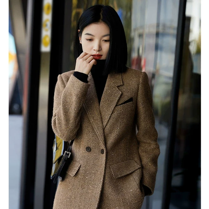 笑涵阁 复古人字纹时髦气质西装外套时尚感 XZB563856VG