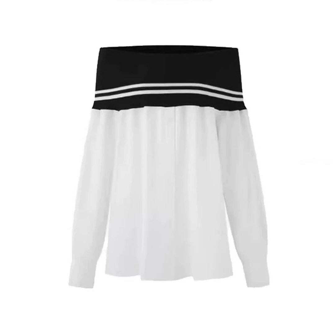 【现货】撞色设计感一字肩衬衫2025年轻奢高级感今年流行的漂亮小衫