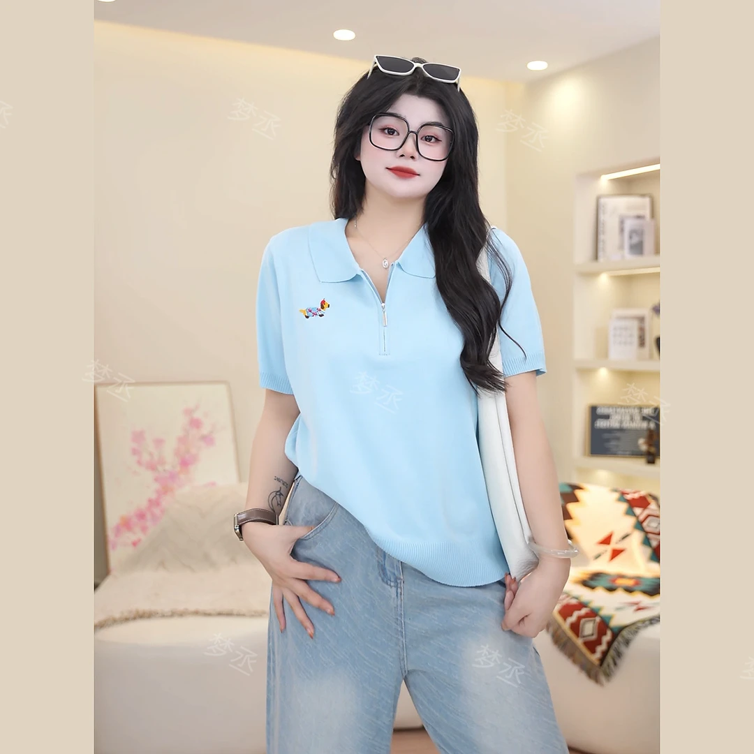 梦丞-胖妹妹大码女装夏季POLO领腊肠狗刺绣时尚百搭短袖T恤上衣