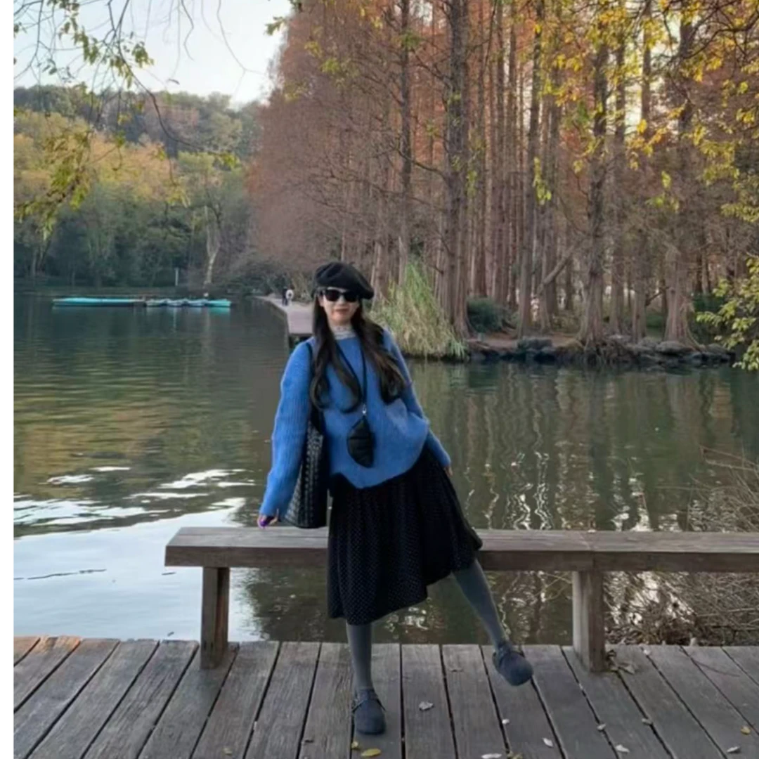 2026秋冬新款甜美温柔减龄蓝色圆领针织毛衣波点半身裙两件套装