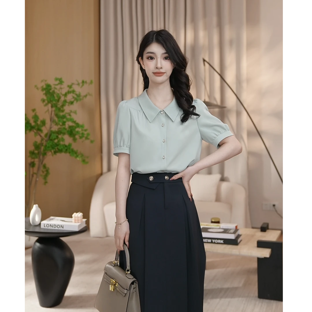 【曼贝】2025新款豆荚绿爆款上衣百搭时尚短袖衬衫8592326【珮珮】