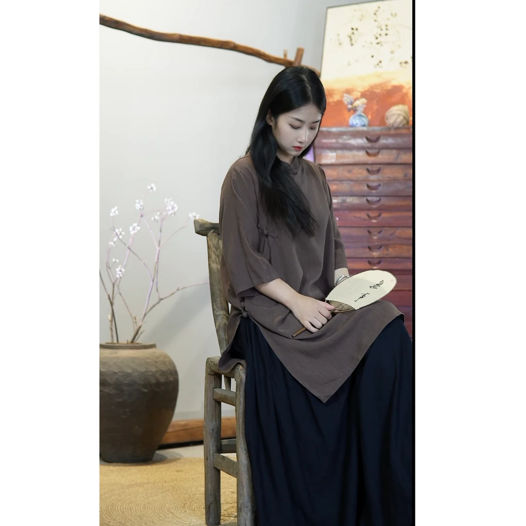 【拂香】夏款亚麻中式复古全开襟禅茶服中长旗袍