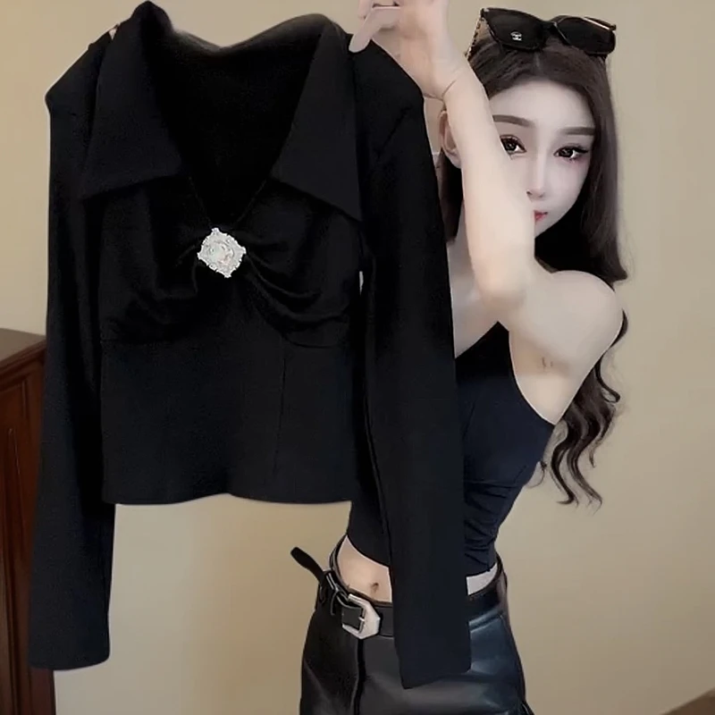 立体装饰V领设计感长袖衬衣女2024秋冬新款洋气修身长袖T恤打底衫