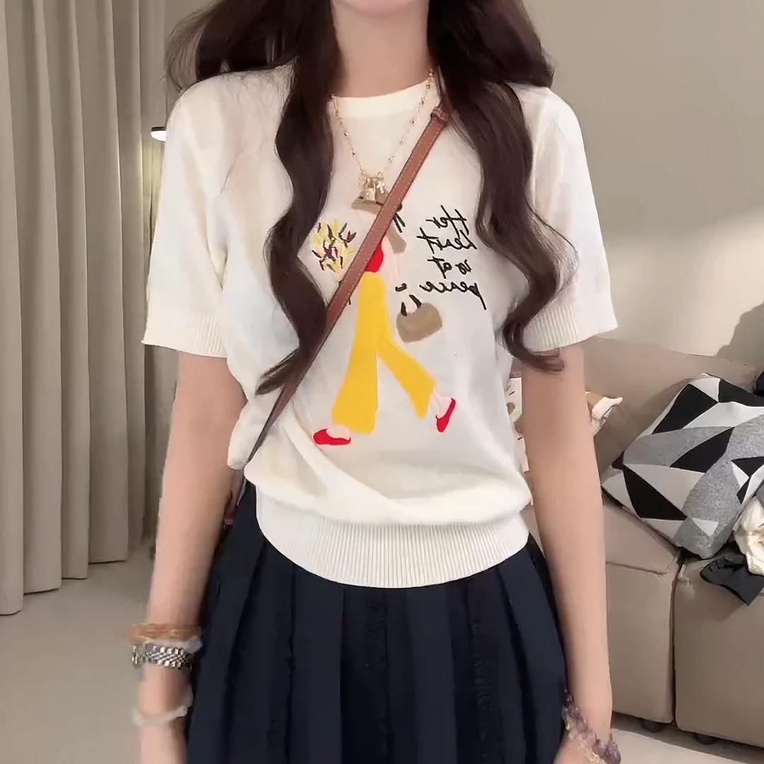 新款时尚休闲重工刺绣圆领针织衫夏季凉感短袖上衣T恤LK2504913