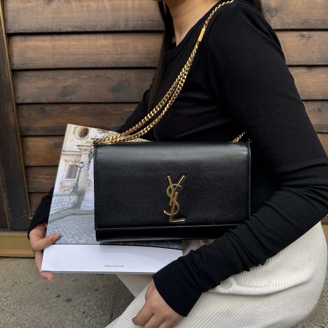 99新 YSL/圣罗兰 蔚蓝中古/黑金鱼子酱kate链条包