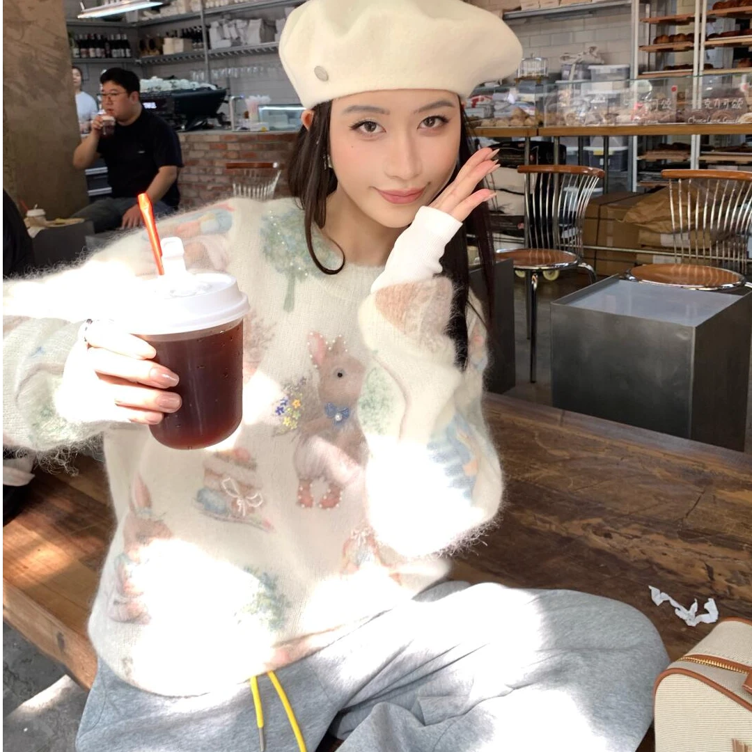 【梦境小兔子】重工钉珠星星蝴蝶结毛衣慵懒风宽松针织衫上衣.4258