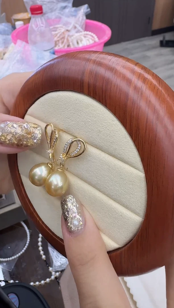 银S925镶嵌耳饰海水珍珠金珠耳钉