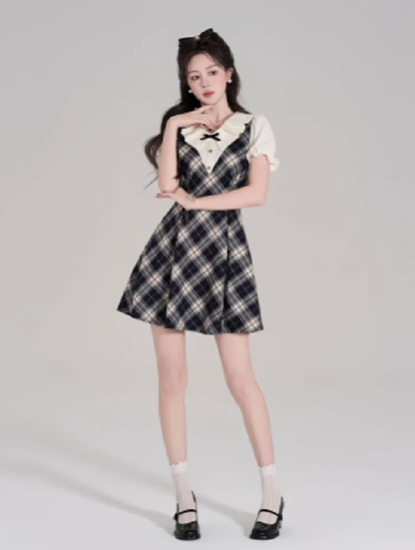 气质学院风假两件格子连衣裙女夏季高级感收腰法式泡泡袖显瘦裙子