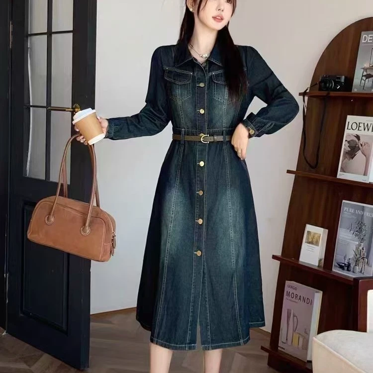 牛仔连衣裙拼接收腰复古时尚长袖气质显瘦修身法式春季秋季百搭