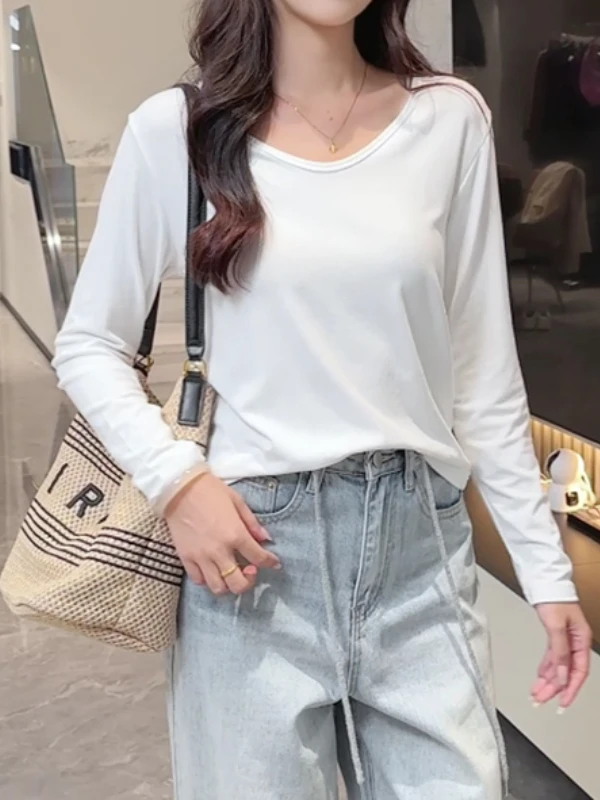 宽松螺纹V领正肩长袖t恤女秋季微胖mm显瘦慵懒风休闲百搭打底上衣