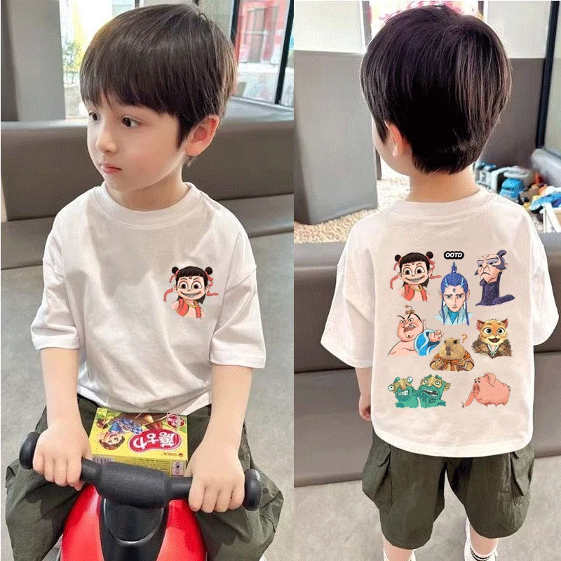 新款儿童卡通哪吒短袖T恤纯色宽松休闲百搭中大小男女儿童宝宝潮t