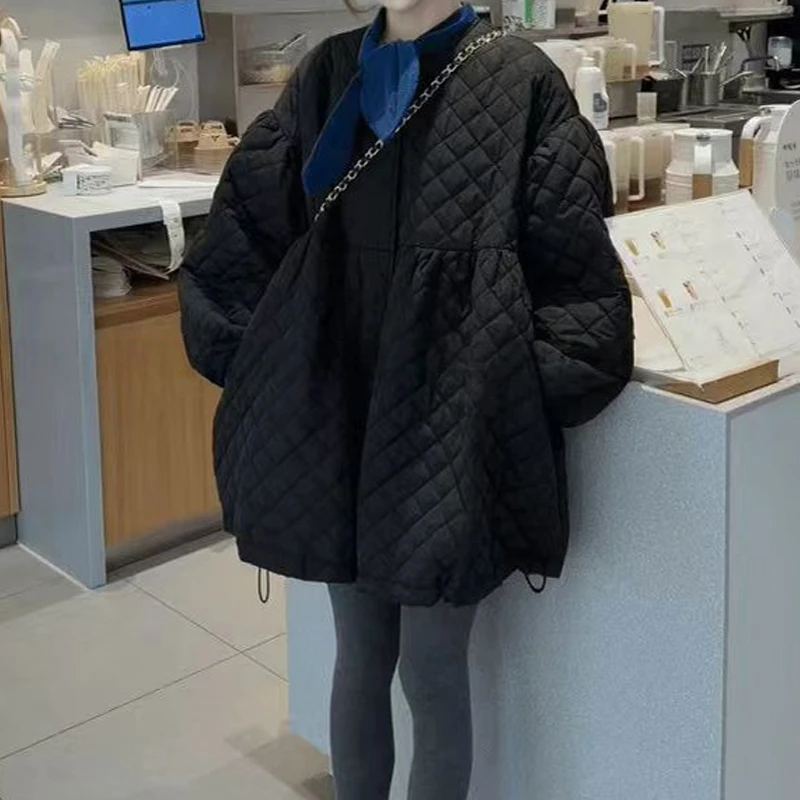 2025年秋冬新款韩版甜美风菱格中长款棉衣韩系慵懒风上衣外套女