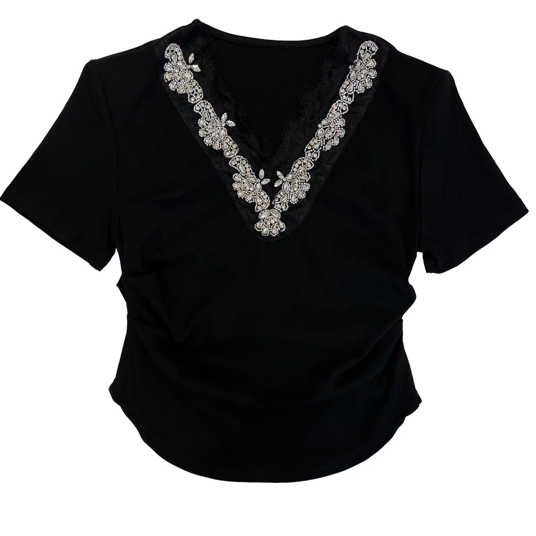 25夏季新款重工镶钻显瘦修身T恤蕾丝气质时尚百搭打底春夏