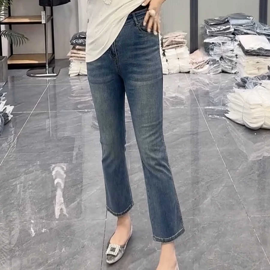 微胖MM遮肉修身弹力微喇裤女大码百搭2025春季新款高腰九分牛仔裤