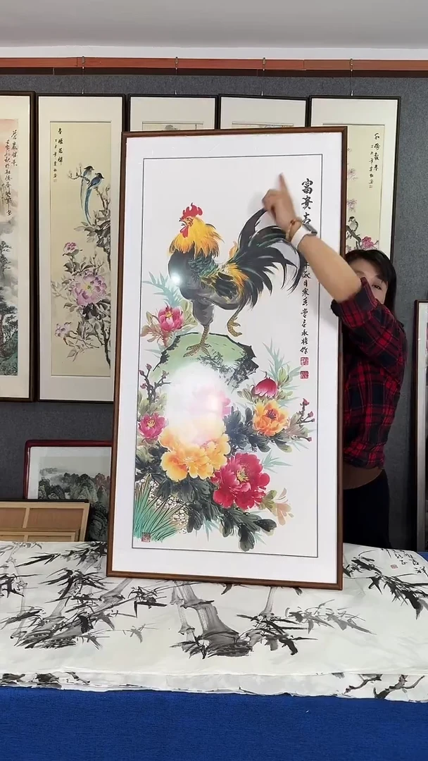 国画富贵吉祥牡丹实木装裱63*123