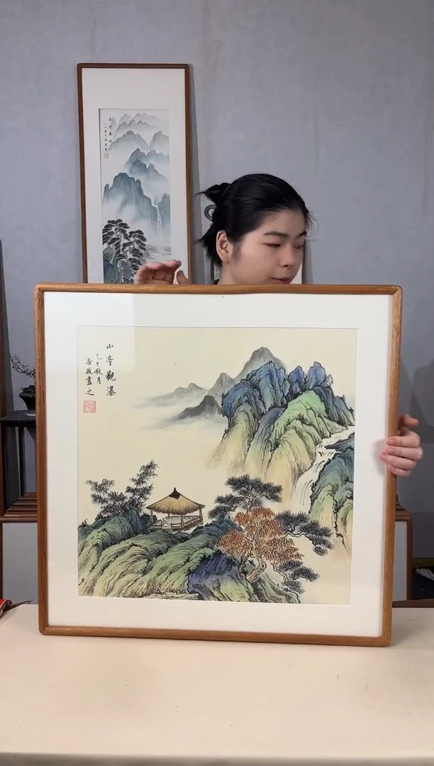国画手绘*山亭观瀑*62*62cm实木框