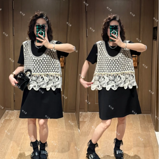 YDFSTUDIO小众【典雅莫兰】欧货高品手工镂空水溶花马甲+T裙两件套