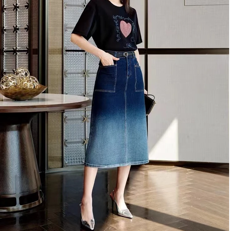 24年早秋新款时尚百搭渐变色牛仔半身裙BQ001（24D0049）