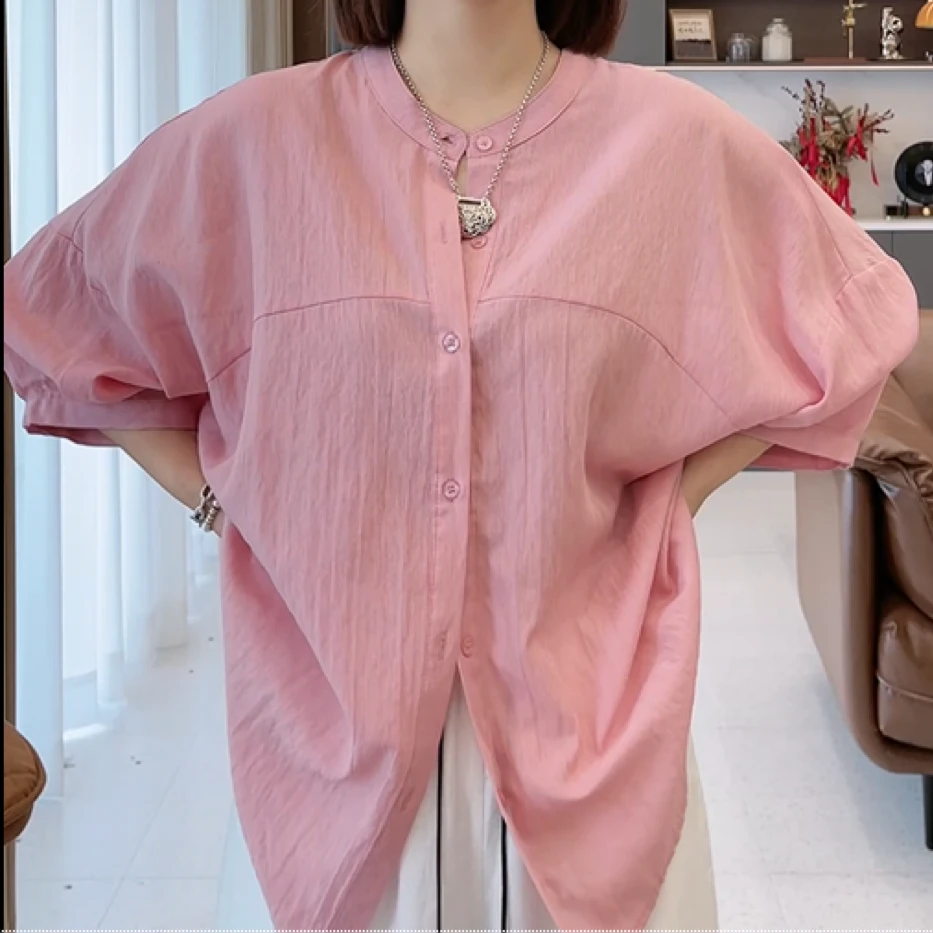 圆领纯色百搭休闲衬衫外套女2025夏季新款法式小众通勤显瘦上衣