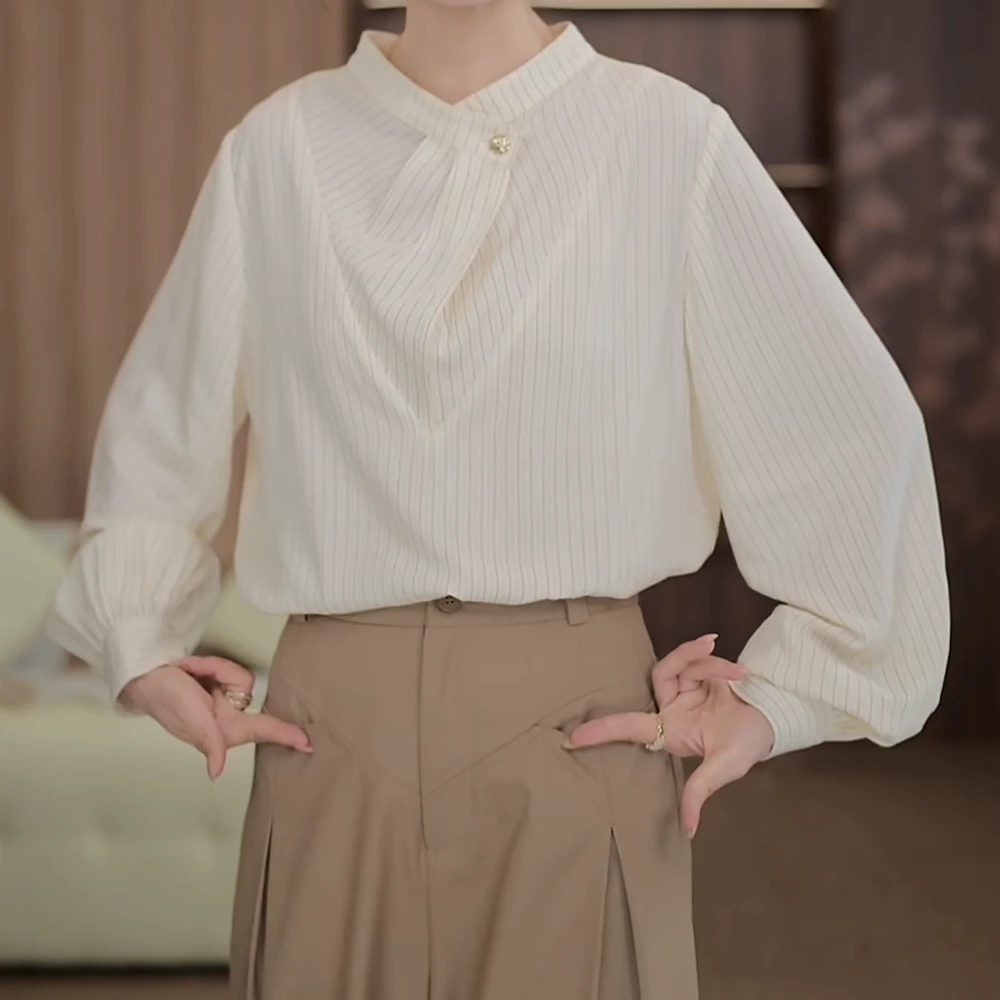 【马赛海港】爆款气质条纹长袖衬衫宽松显瘦上衣2025小众新款衬衣