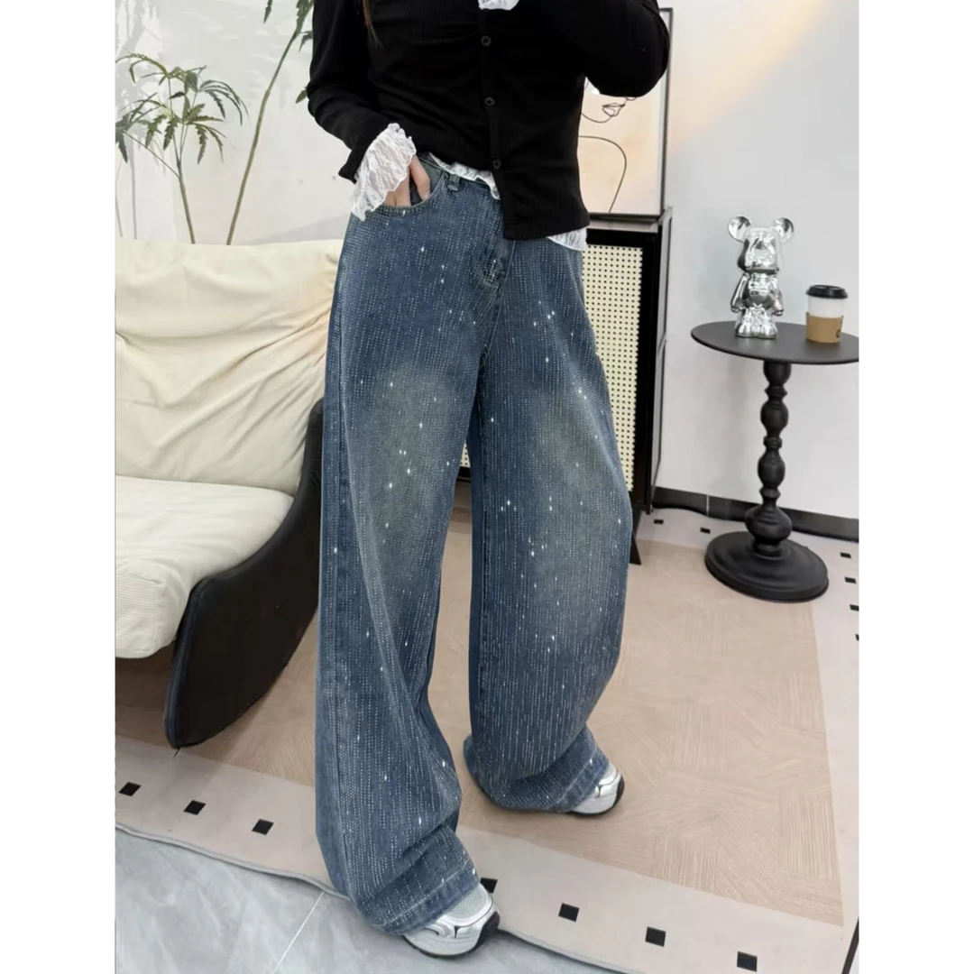 满天星河烫钻阔腿牛仔裤女秋季新款高腰显瘦大码宽松高级感拖地裤
