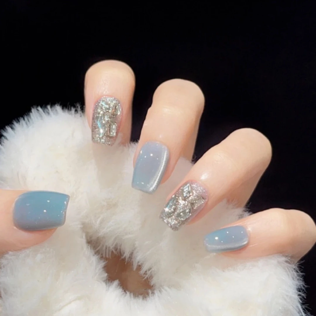 （中长）蓝精灵猫眼穿戴美甲 假指甲美甲贴片可拆卸