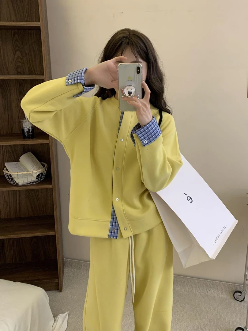 25新款家拼接格子开衫套装时尚休闲宽松百搭2505轻奢