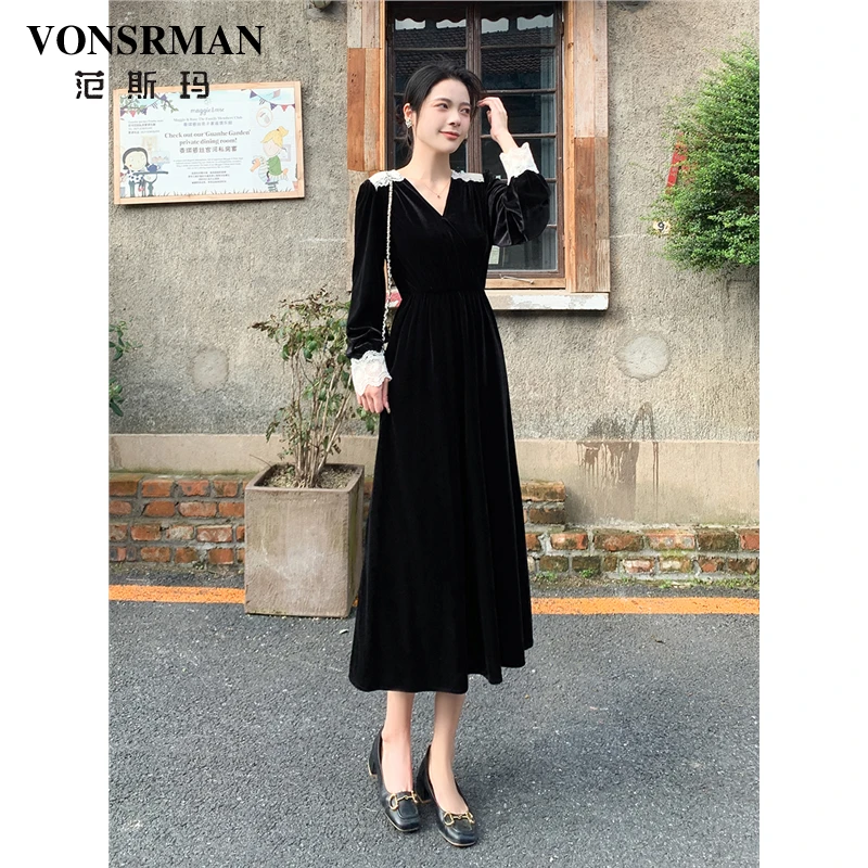 黑色丝绒蕾丝连衣裙女2025秋季新款时尚减龄气质收腰显瘦过膝长裙