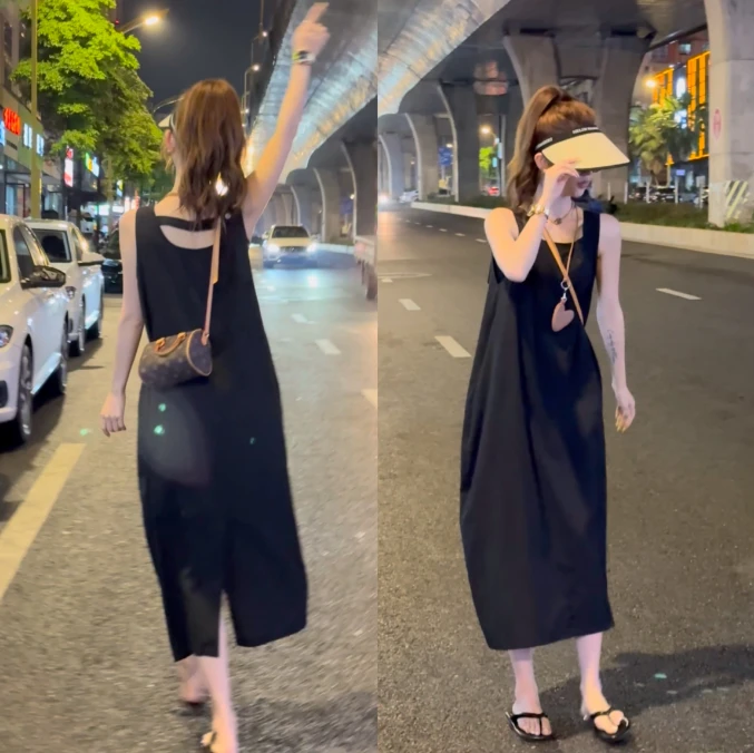 （告白气球）韩系chic夏季简约气质镂空露背无袖背心连衣裙