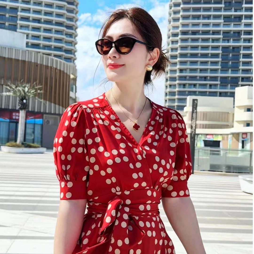 夏季短袖收腰修身轻熟风V领绑带法式碎花连衣裙A字气质长裙8835#