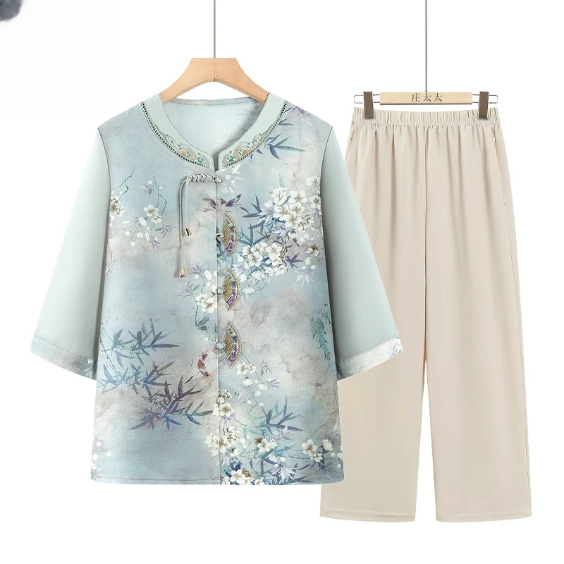 老年人夏季国风衬衫女奶奶七分袖上衣中老年妈妈开衫宽松老人衣服