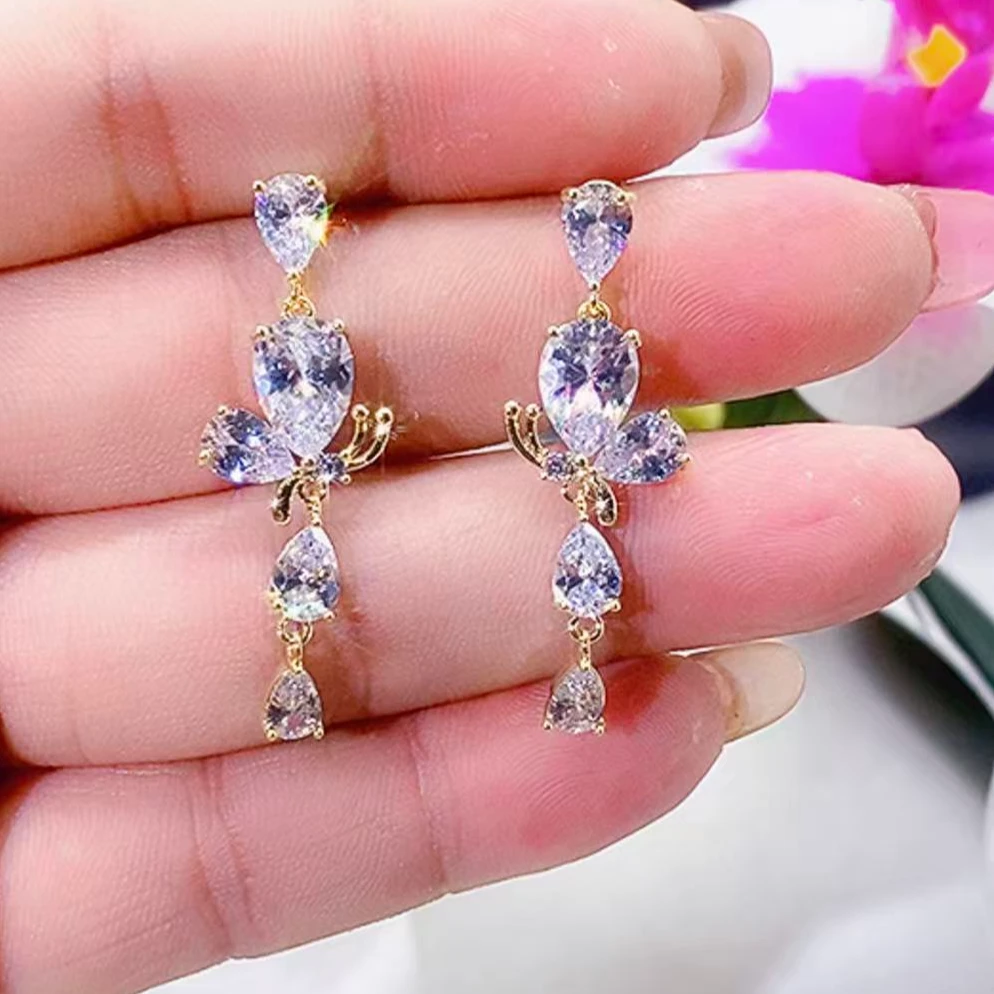 铜合金锆石耳饰 （430）比翼双飞精致蝴蝶吊坠新年必备耳环