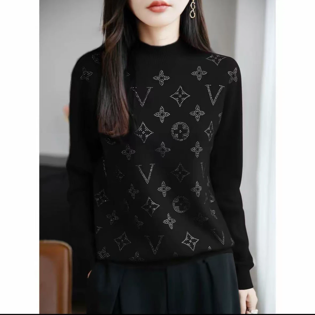 2025秋冬新款针织衫半高领字母烫钻套头打底衫2350