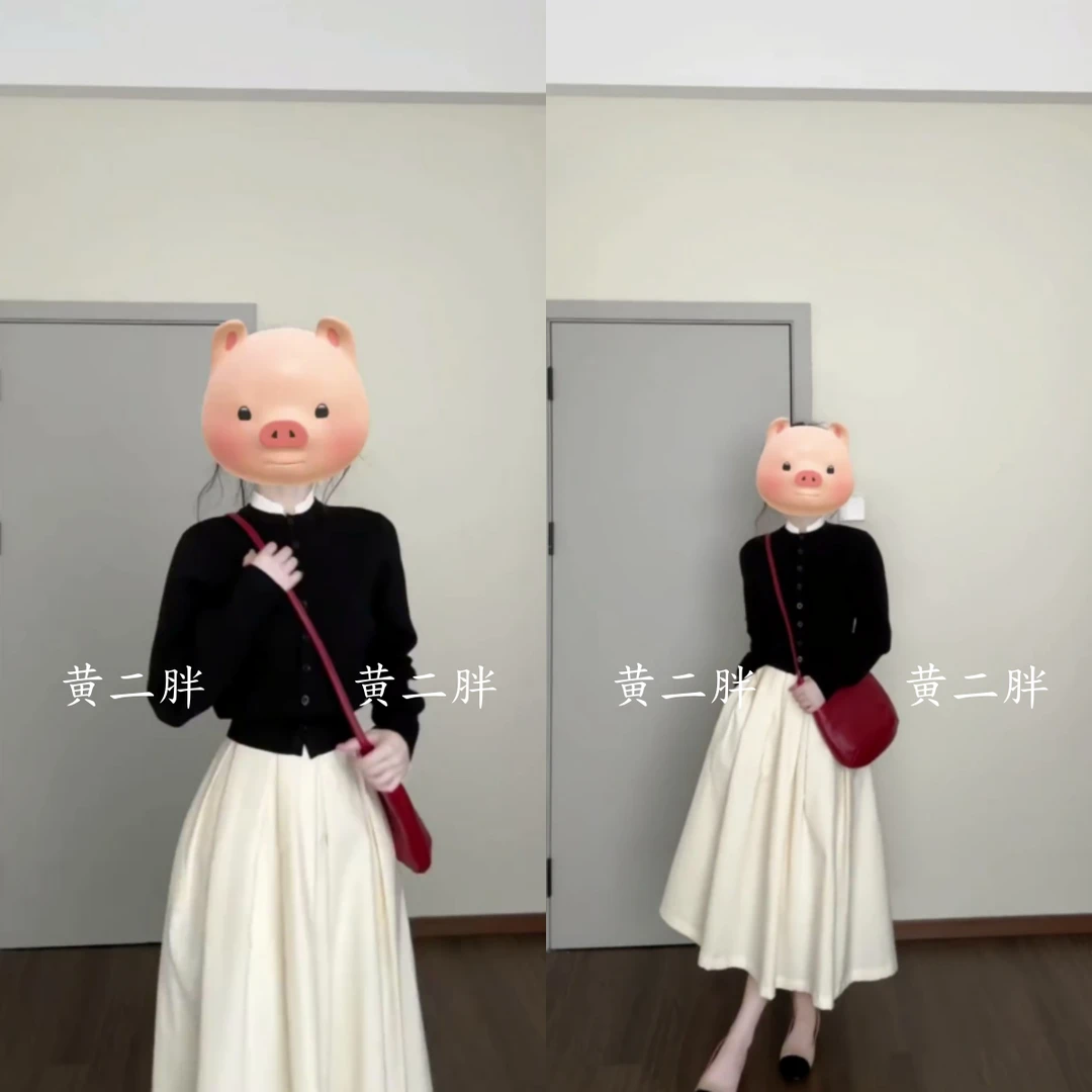 2025秋季新款女韩系穿搭宽松圆领长袖毛衣开衫高腰显瘦A字半身裙