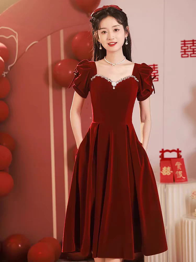 敬酒服平时可穿新娘结婚酒红色小个子订婚连衣裙蝴蝶结秋季礼服女