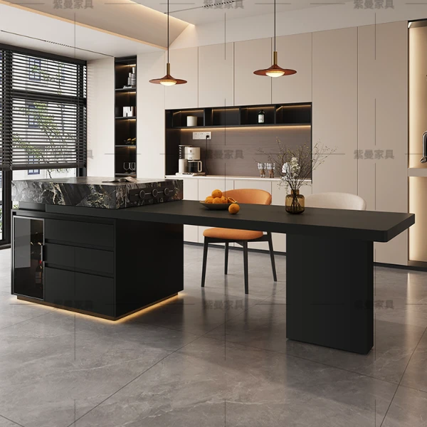意式极简岛台餐桌一体式可电动伸缩岩板中岛台大户型厨房客厅餐岛