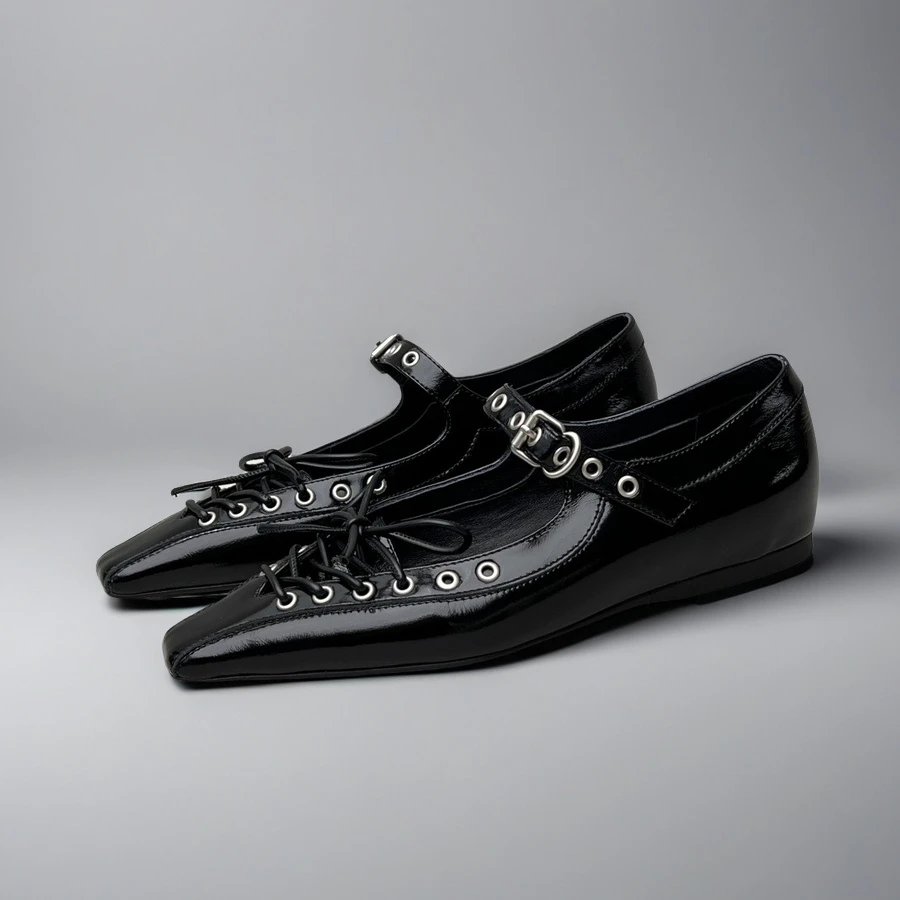 女鞋黑色皮鞋尖头玛丽珍鞋法式百搭秋季绑带单鞋漆皮时尚方头低跟