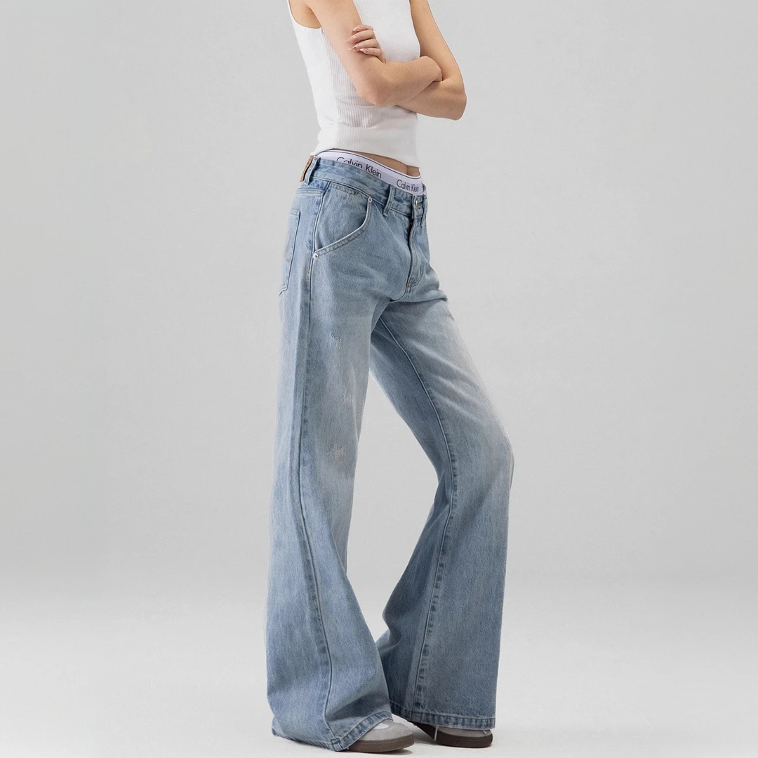 美式复古蓝微喇牛仔裤女2025年夏季新款洋气阔腿修身休闲牛仔裤子