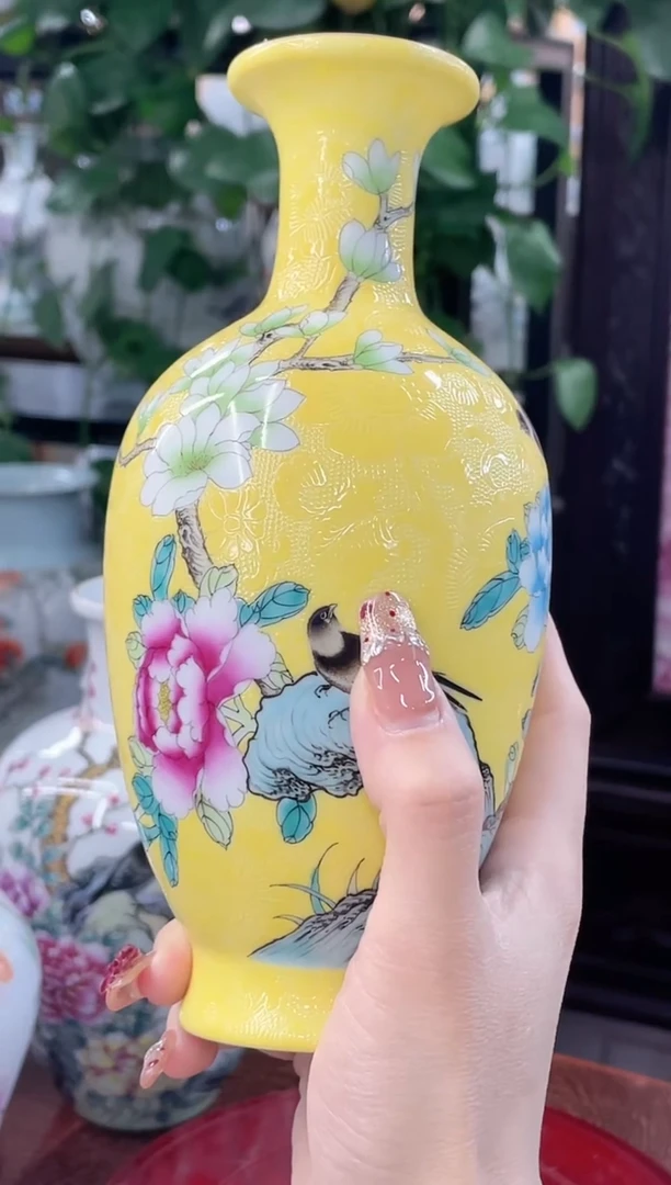 【闪购商品】032陶瓷供应链粉彩帝王黄扒花花鸟赏瓶
