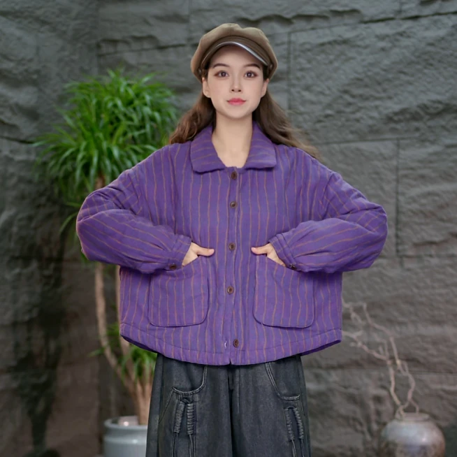 【翻领加厚棉服】冬款百搭条纹棉衣外套百搭女装休闲棉袄保暖上衣