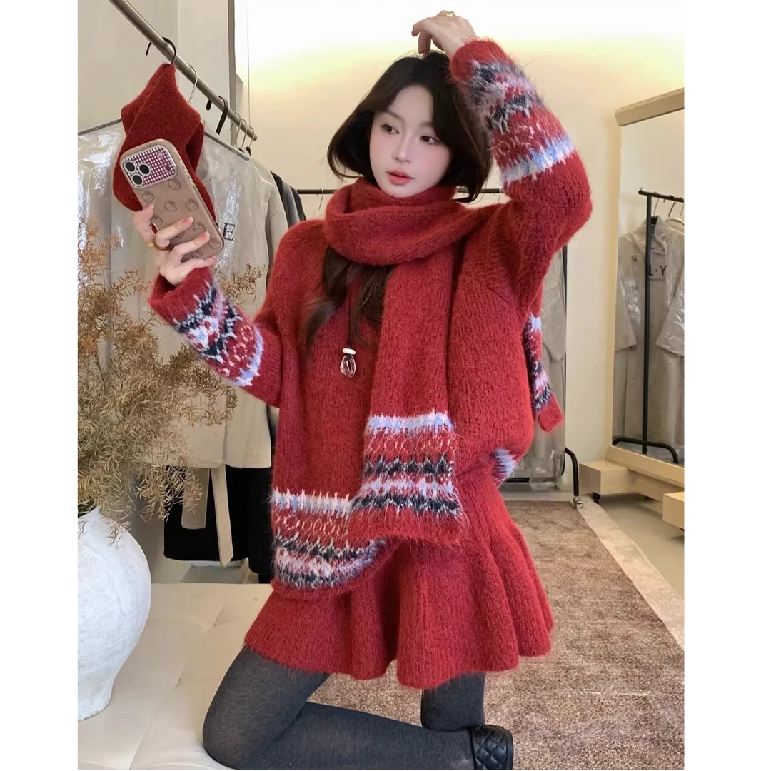 秋冬复古慵懒风费尔岛风提花圆领毛衣针织衫搭洋气短裙两件套