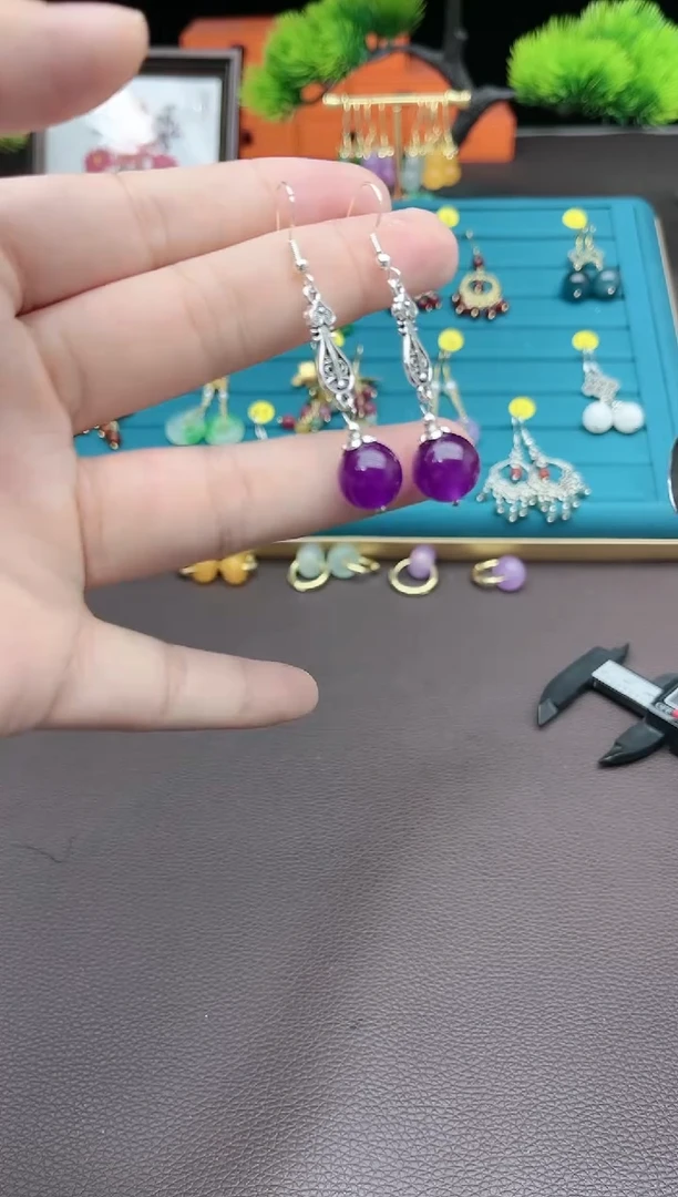 【闪购商品】玛瑙/玉髓耳钉银S925镶嵌p琵琶梦幻紫