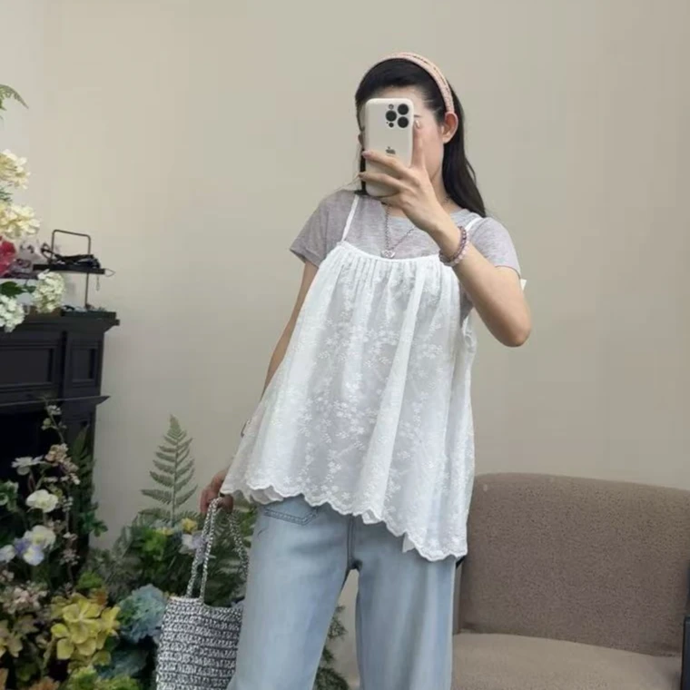甜美韩系纯色短袖+蕾丝吊带两件套#1925