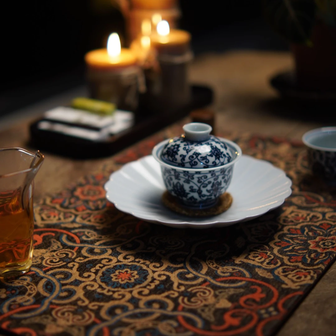 乔木手作 缠枝团花 吸水茶席 手工轻奢茶席 缠枝纹理茶席