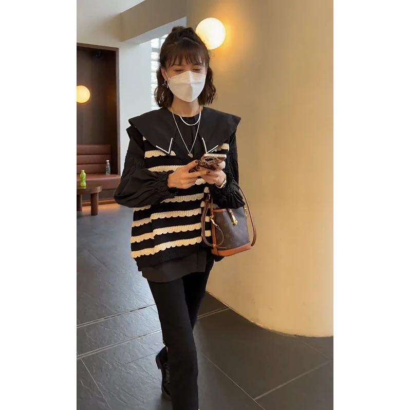 【现货】早秋一整套女2025新款条纹背心荷叶边娃娃领衬衣长裤三件套